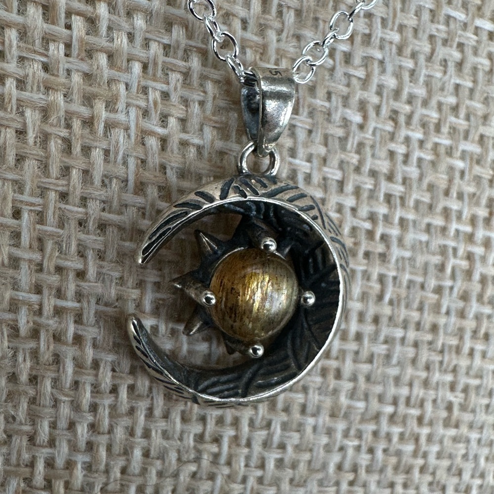Rutilated Quartz and Silver Moon and Star Pendant Necklace on Box Chain - Picture 9 of 16